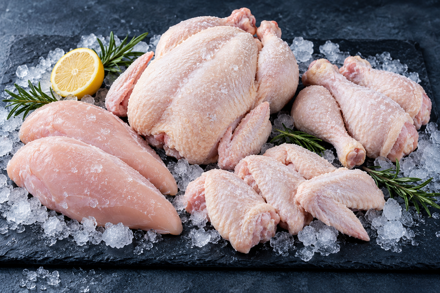 Illustrative frozen whole chicken, breasts, drumsticks and wings arranged on ice